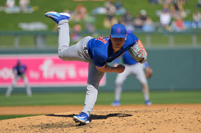 Feb 27, 2023; Salt River Pima-Maricopa, Arizona, USA; Chicago Cubs starting pitcher Ryan Jensen (84) throws to the plate in the sixth inning of a spring training game against the Arizona Diamondbacks at Salt River Fields at Talking Stick.